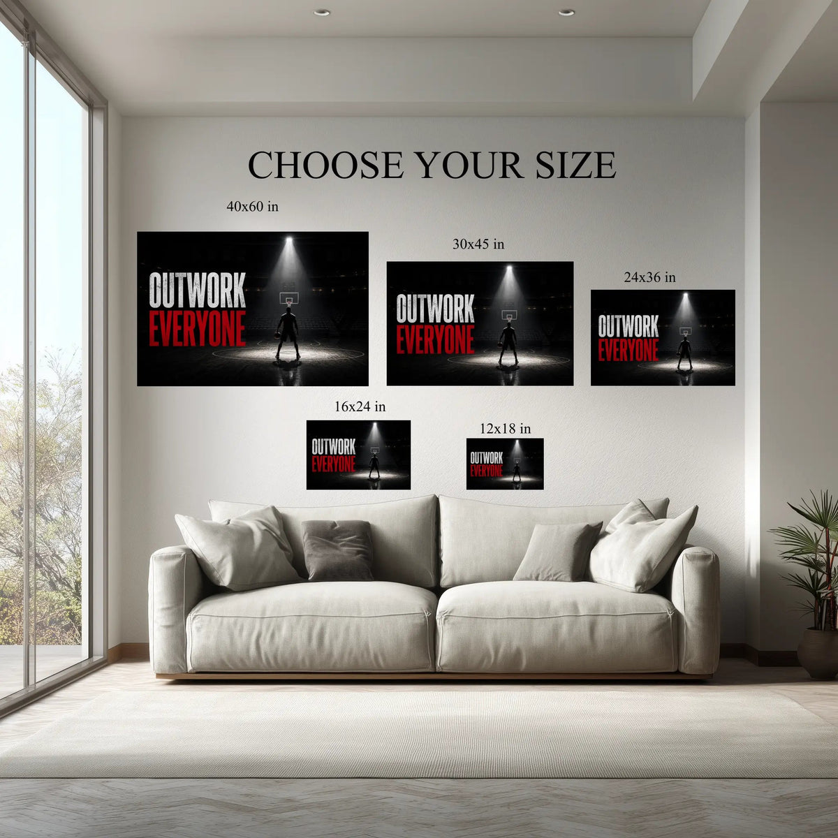 Motivational Sports Canvas Print canvas size comparison from 12x18 to 40x60 in above a sofa