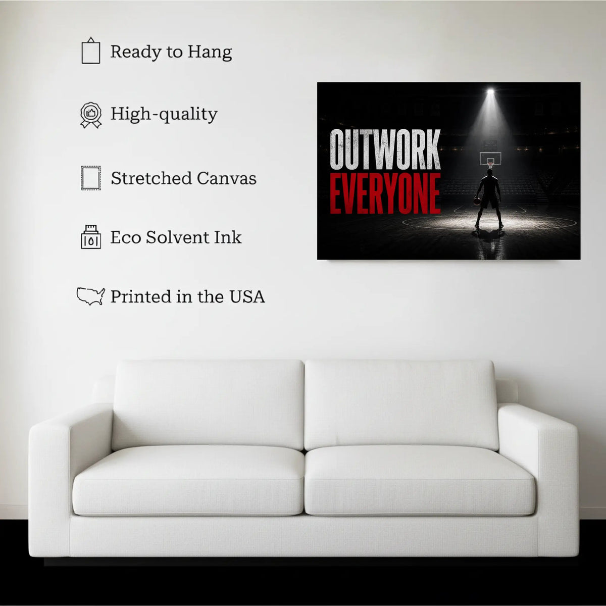 Motivational Sports Canvas Print canvas hanging on a living room wall above a white sofa