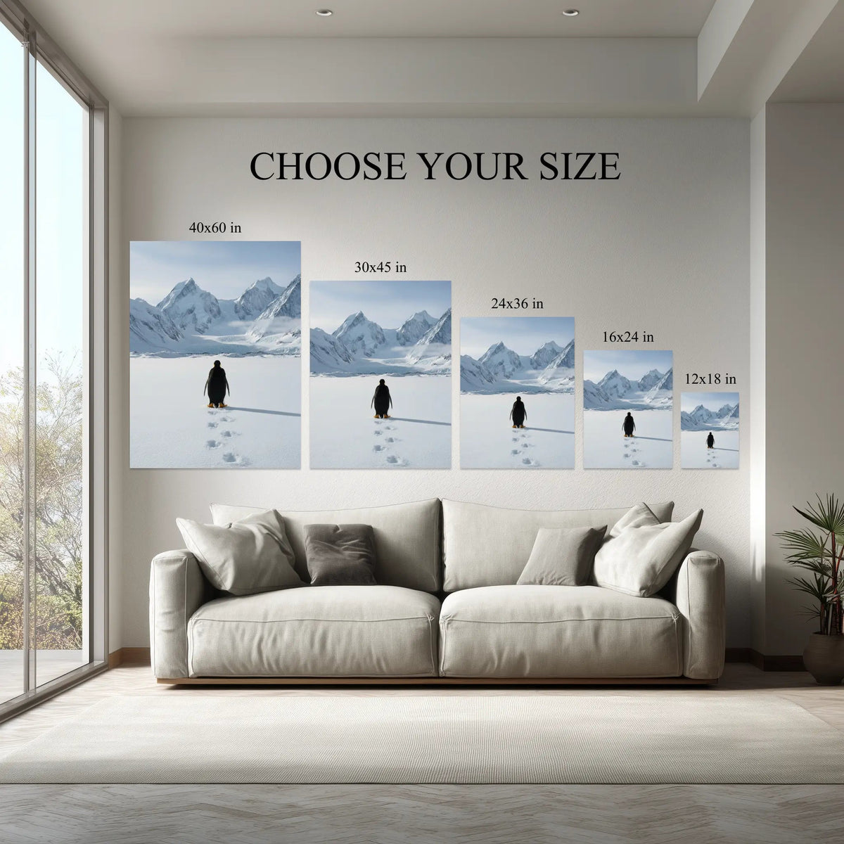 Lone Penguin canvas size comparison from 12x18 to 40x60 in above a sofa