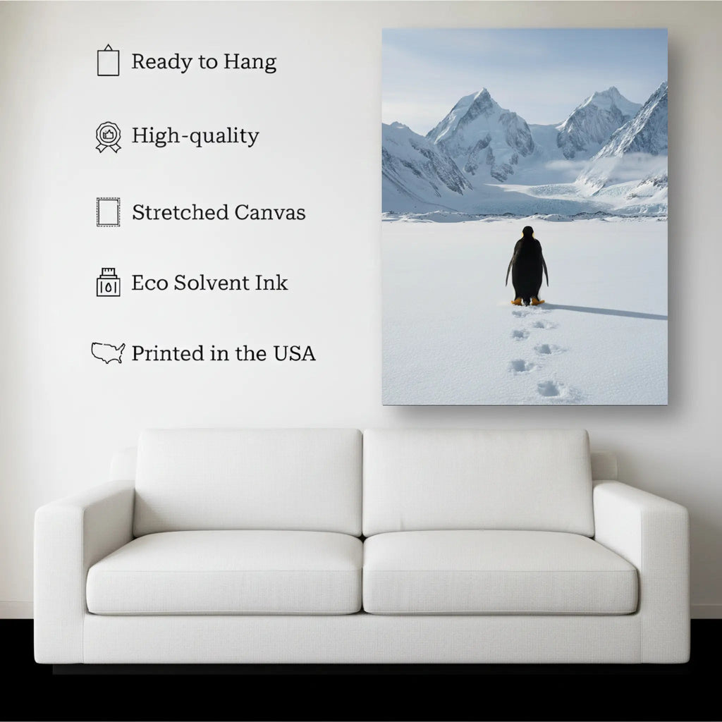 Lone Penguin canvas hanging on a living room wall above a white sofa