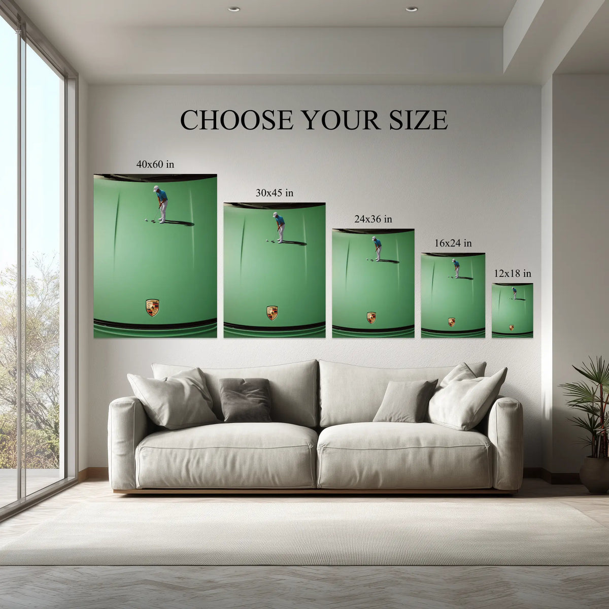 Surreal Golf Car Hood Wall Art canvas size comparison from 12x18 to 40x60 in above a sofa