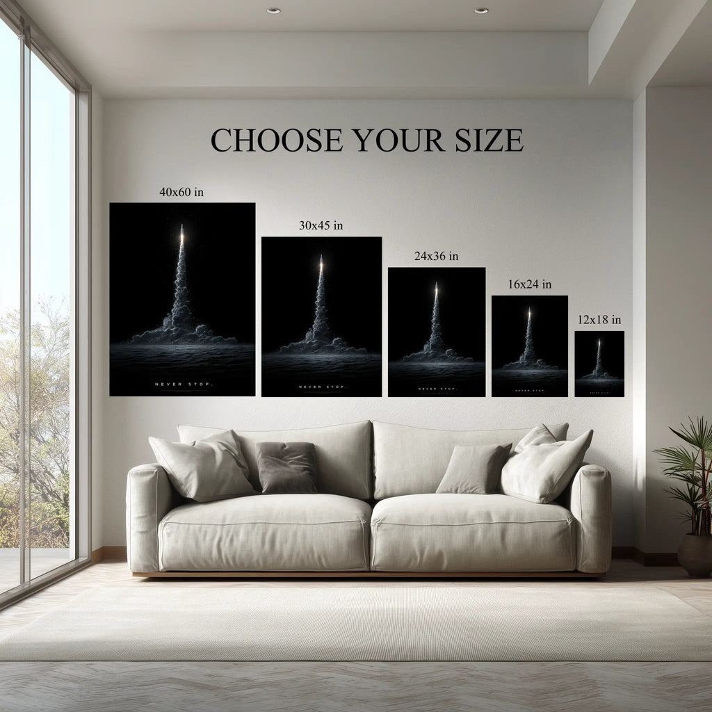 Never Stop canvas size comparison from 12x18 to 40x60 in above a sofa