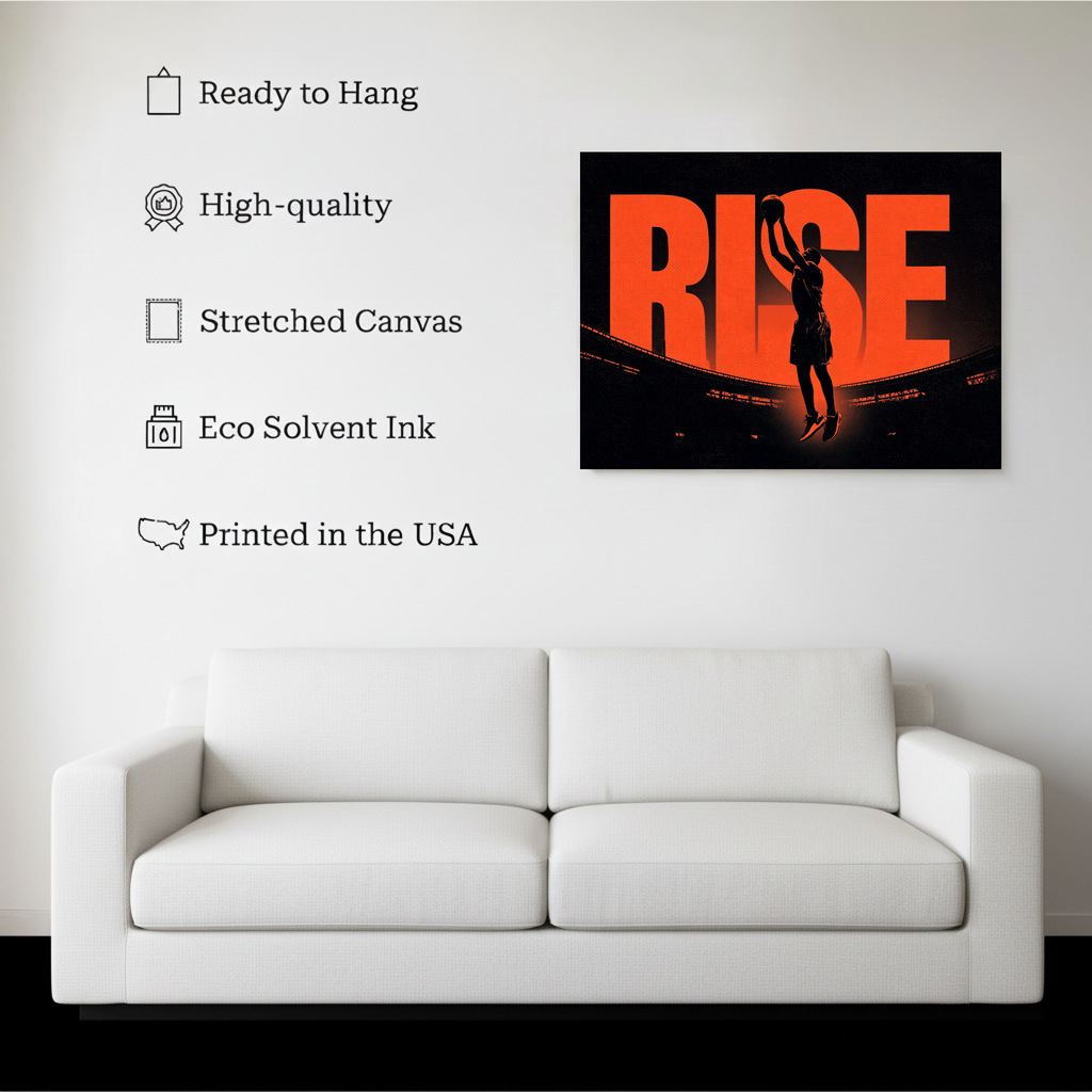 Rise Basketball Wall Art canvas hanging on a living room wall above a white sofa