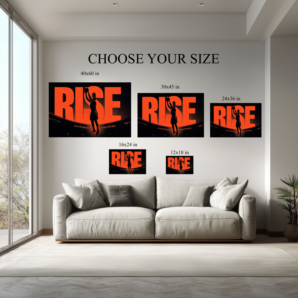 Rise Basketball Wall Art canvas size comparison from 12x18 to 40x60 in above a sofa