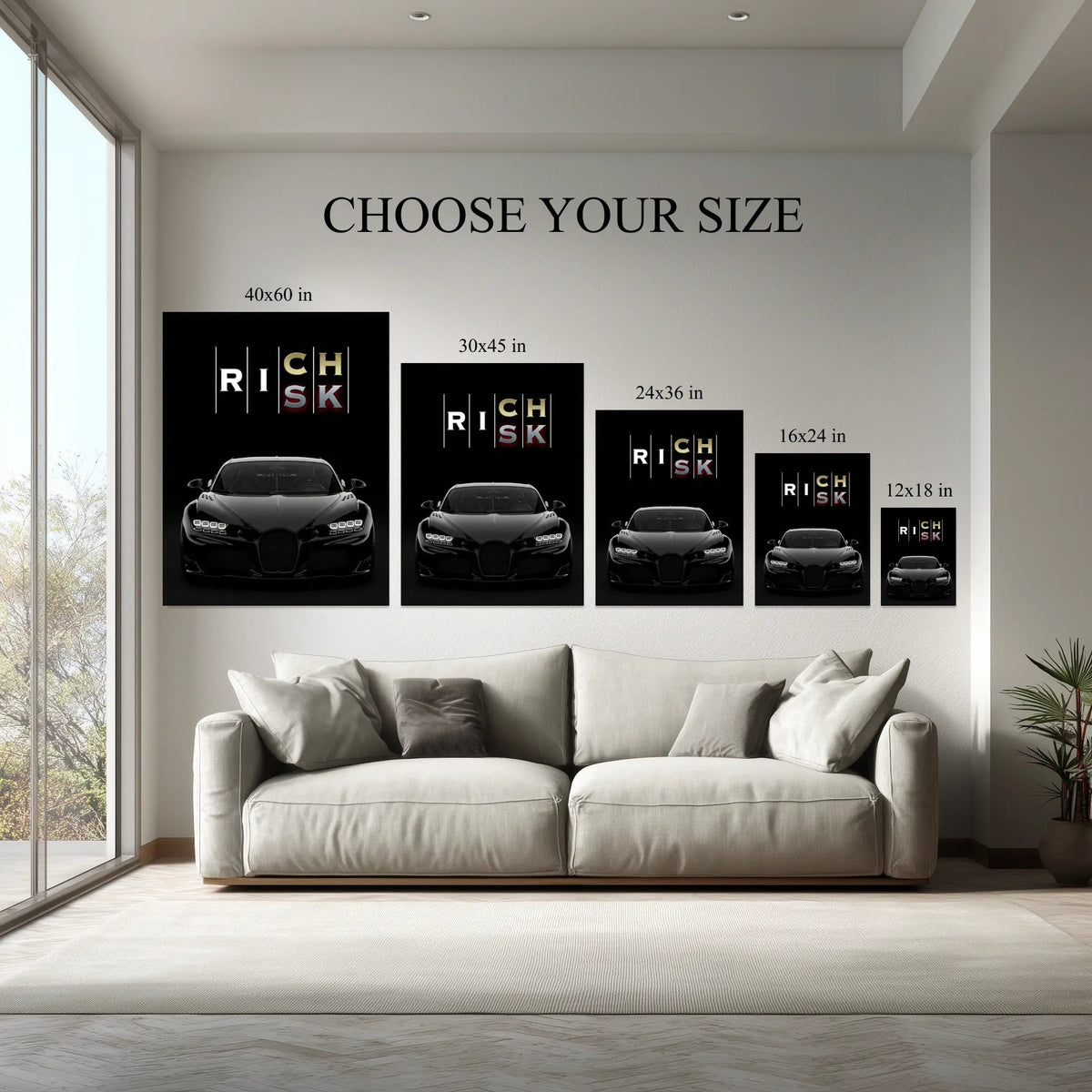 Risk vs Rich Supercar Wall Art canvas size comparison from 12x18 to 40x60 in above a sofa