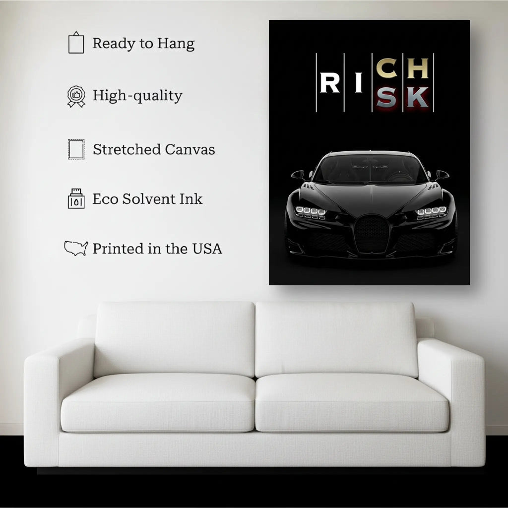 Risk vs Rich Supercar Wall Art canvas hanging on a living room wall above a white sofa