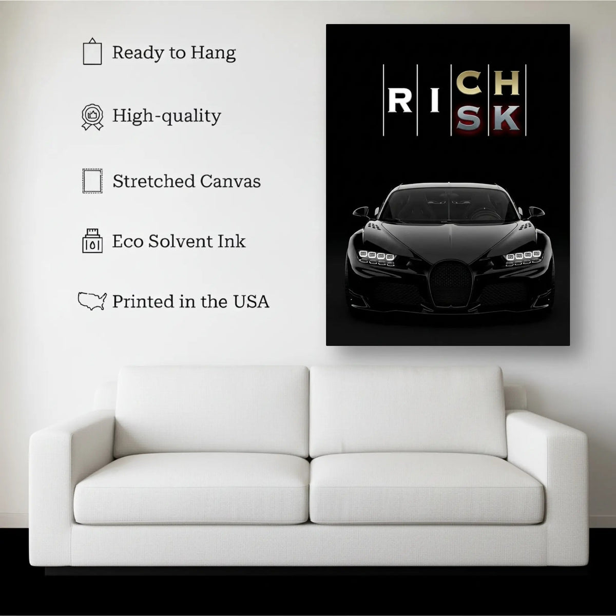 Risk vs Rich Supercar Wall Art canvas hanging on a living room wall above a white sofa