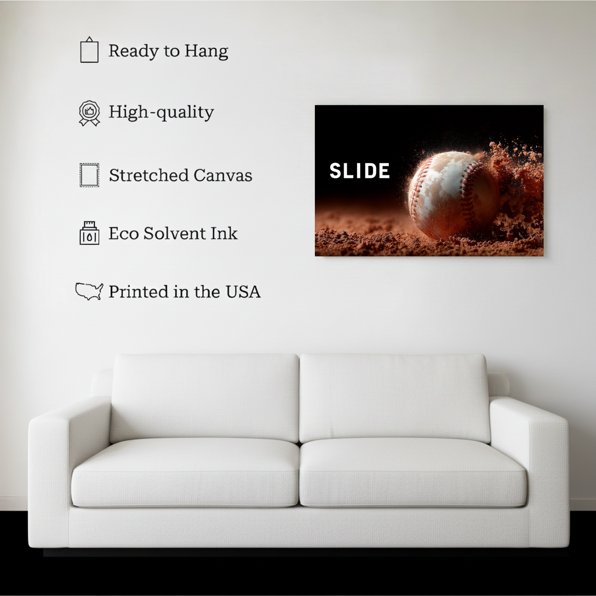 Slide Baseball Wall Art canvas hanging on a living room wall above a white sofa
