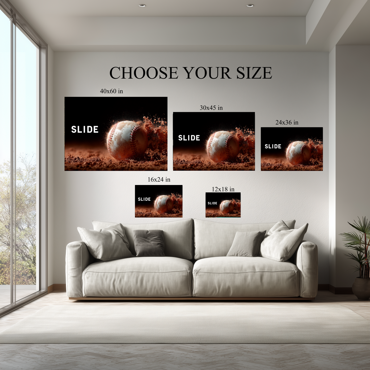 Slide Baseball Wall Art canvas size comparison from 12x18 to 40x60 in above a sofa