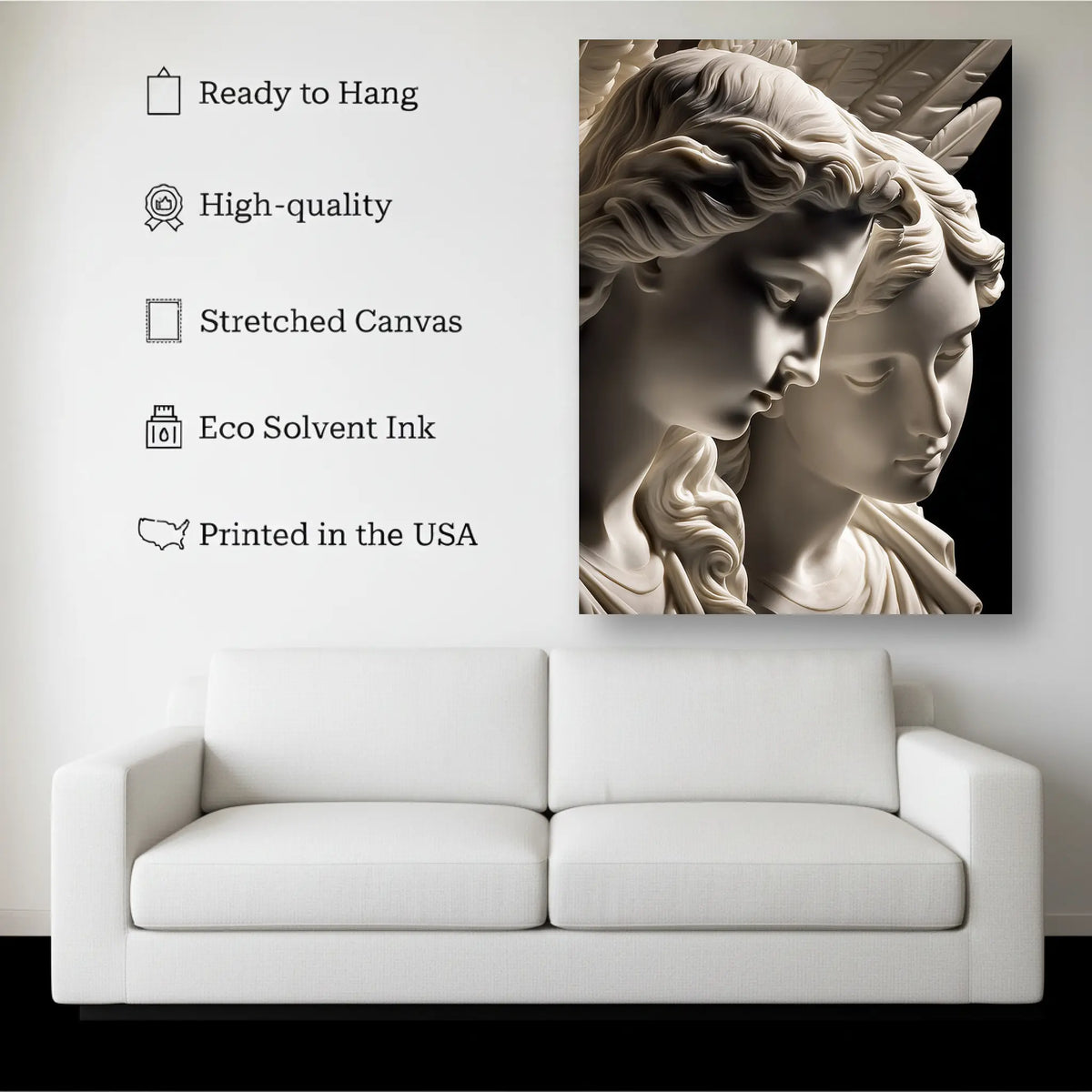 Eternal Embrace canvas hanging on a living room wall above a white sofa