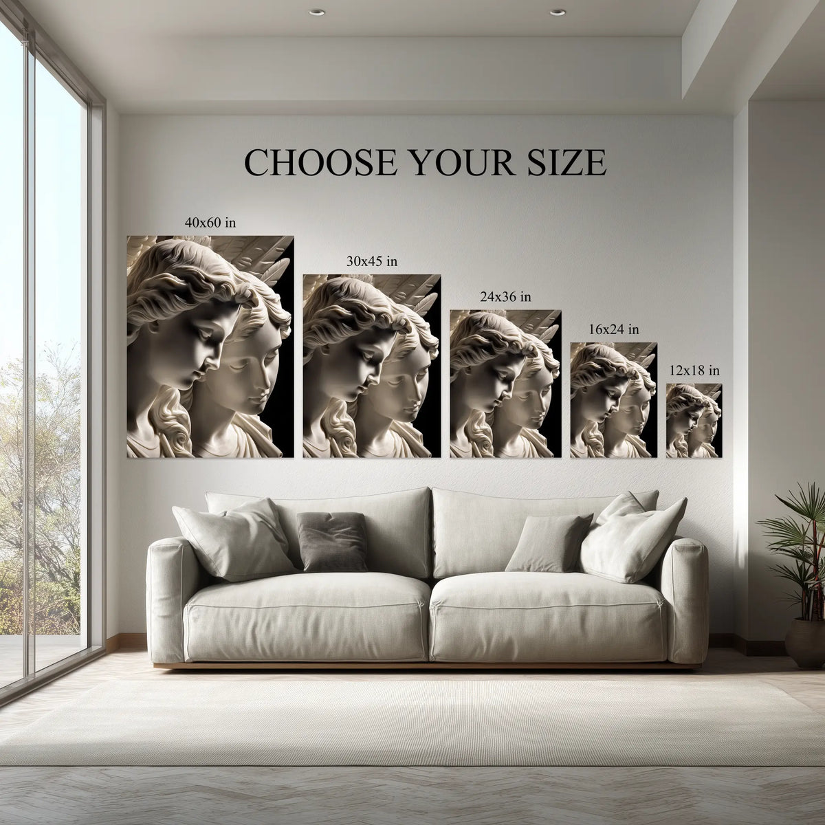 Eternal Embrace canvas size comparison from 12x18 to 40x60 in above a sofa