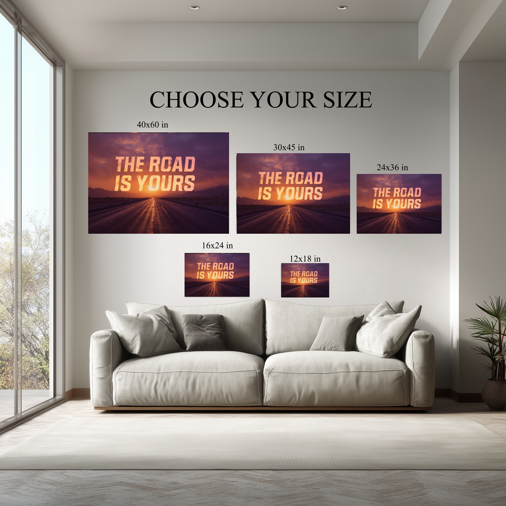 The Road Is Yours Motivational Wall Art canvas size comparison from 12x18 to 40x60 in above a sofa