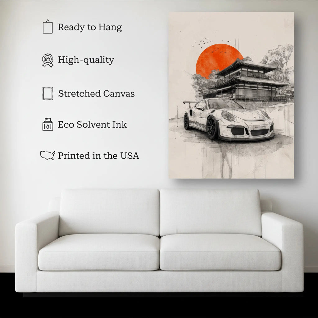 Japanese Temple Supercar Wall Art canvas hanging on a living room wall above a white sofa