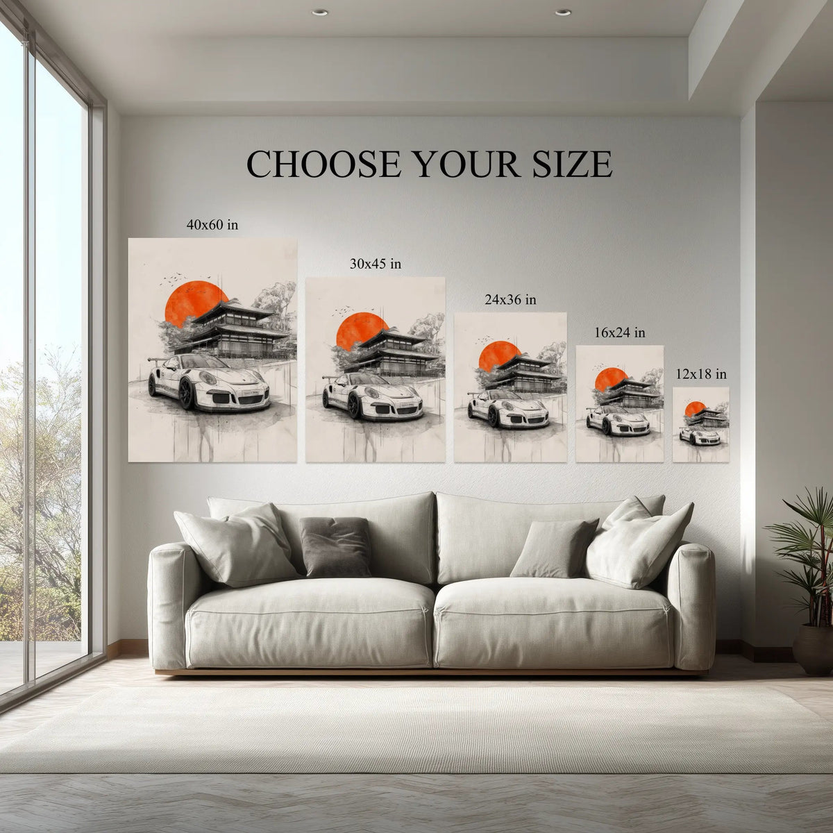 Japanese Temple Supercar Wall Art canvas size comparison from 12x18 to 40x60 in above a sofa