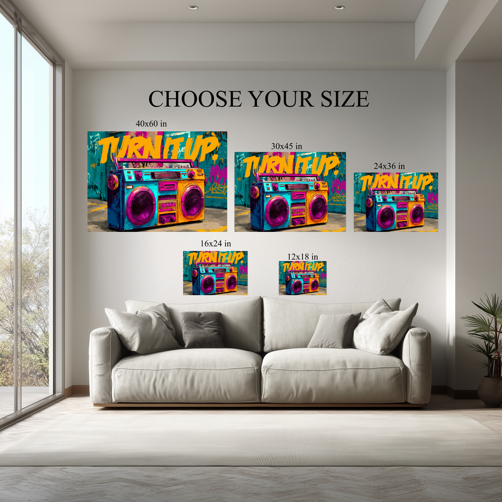 Turn It Up Retro Boombox Wall Art canvas size comparison from 12x18 to 40x60 in above a sofa