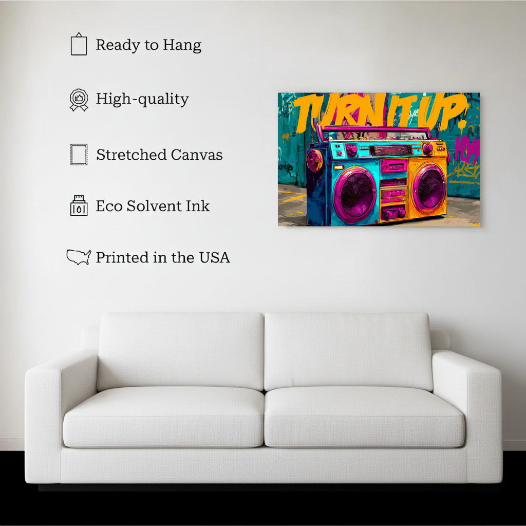 Turn It Up Retro Boombox Wall Art canvas hanging on a living room wall above a white sofa