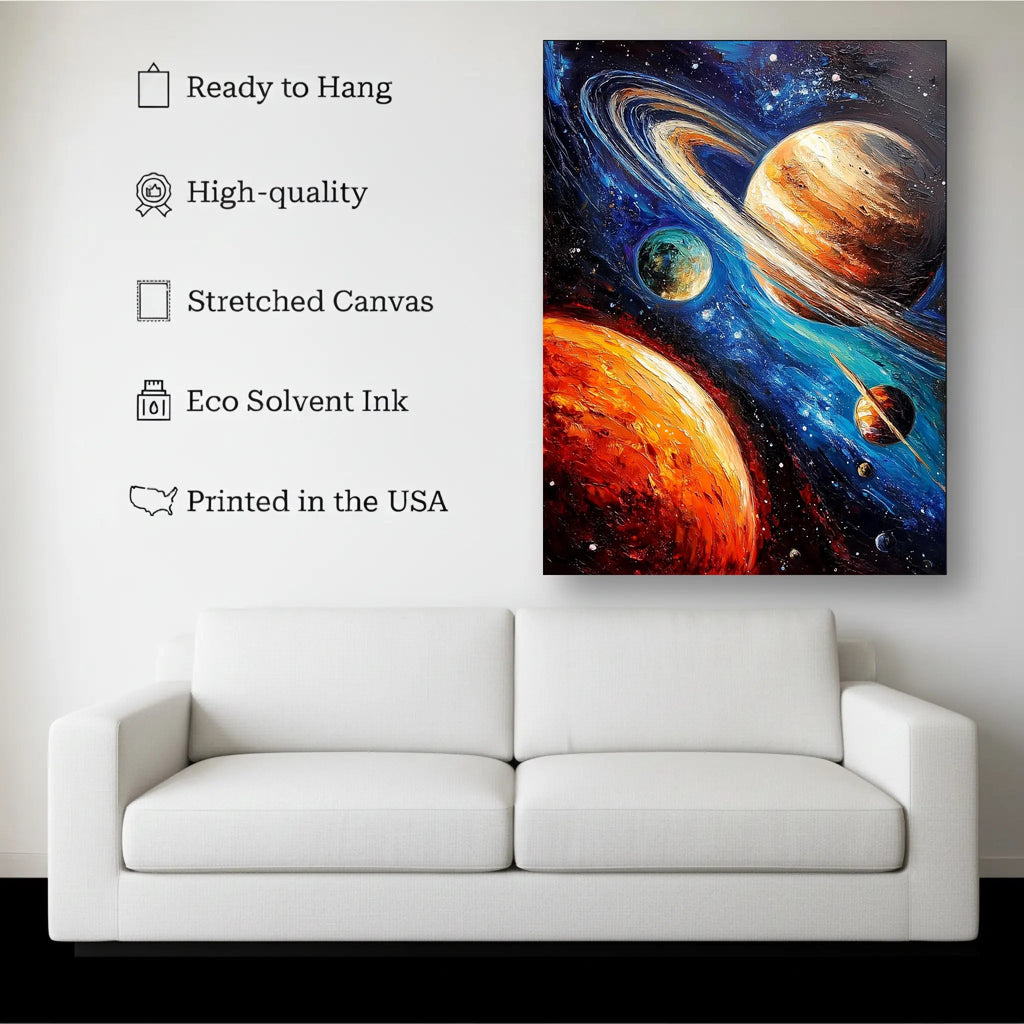 Cosmic Planets Wall Art canvas hanging on a living room wall above a white sofa