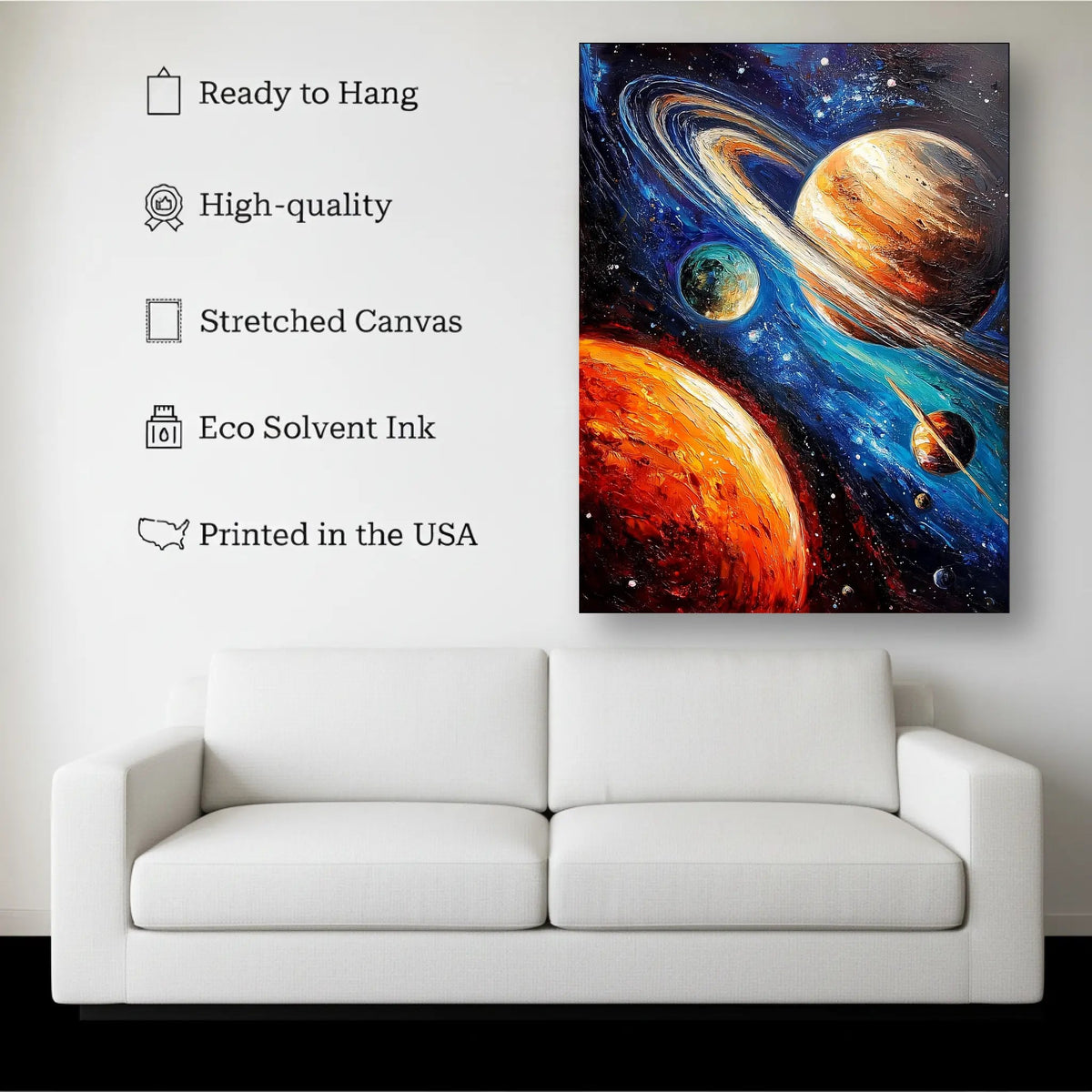 Cosmic Planets Wall Art canvas hanging on a living room wall above a white sofa